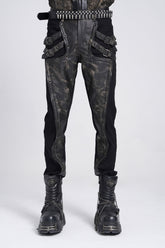 Black/Grey Faux Leather Stitching Buckle Men's Punk Pants